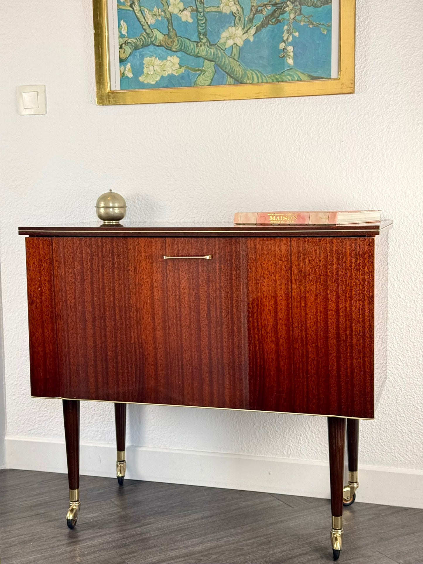 Mid-Century Modern Bar Cabinet on Brass Casters