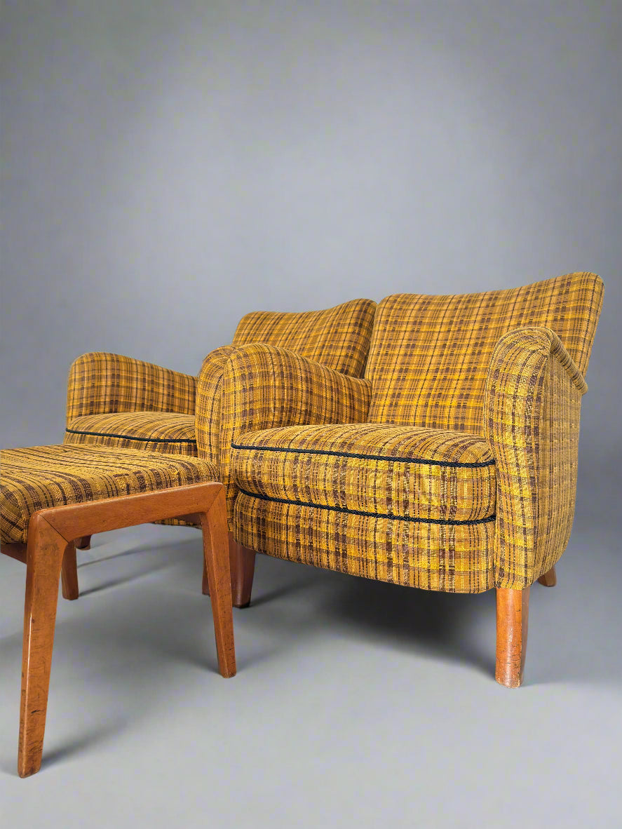 Set of 4 Armchairs with Ottoman by Möbelindustries Oelsa – Rabeneau PS 28, Beech & Tartan Fabric, 1950s