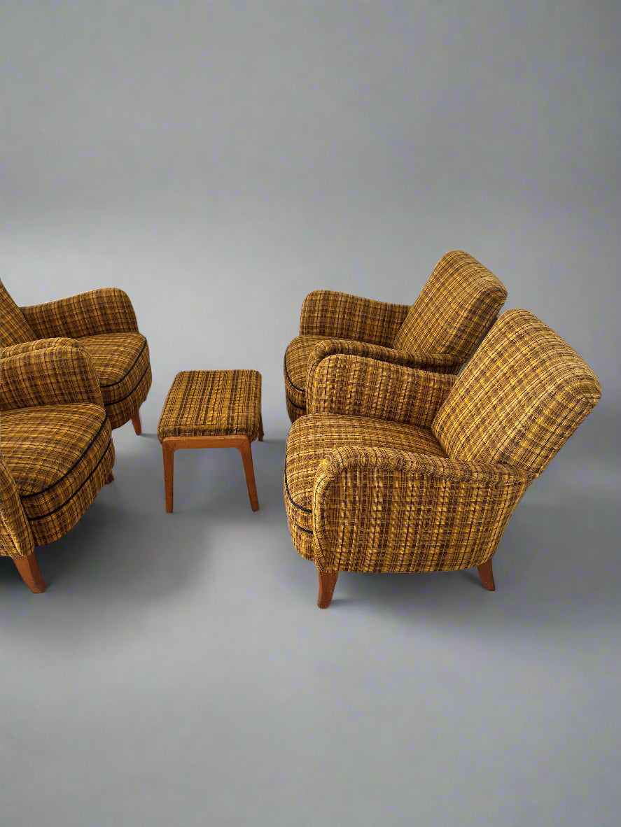 Set of 4 Armchairs with Ottoman by Möbelindustries Oelsa – Rabeneau PS 28, Beech & Tartan Fabric, 1950s