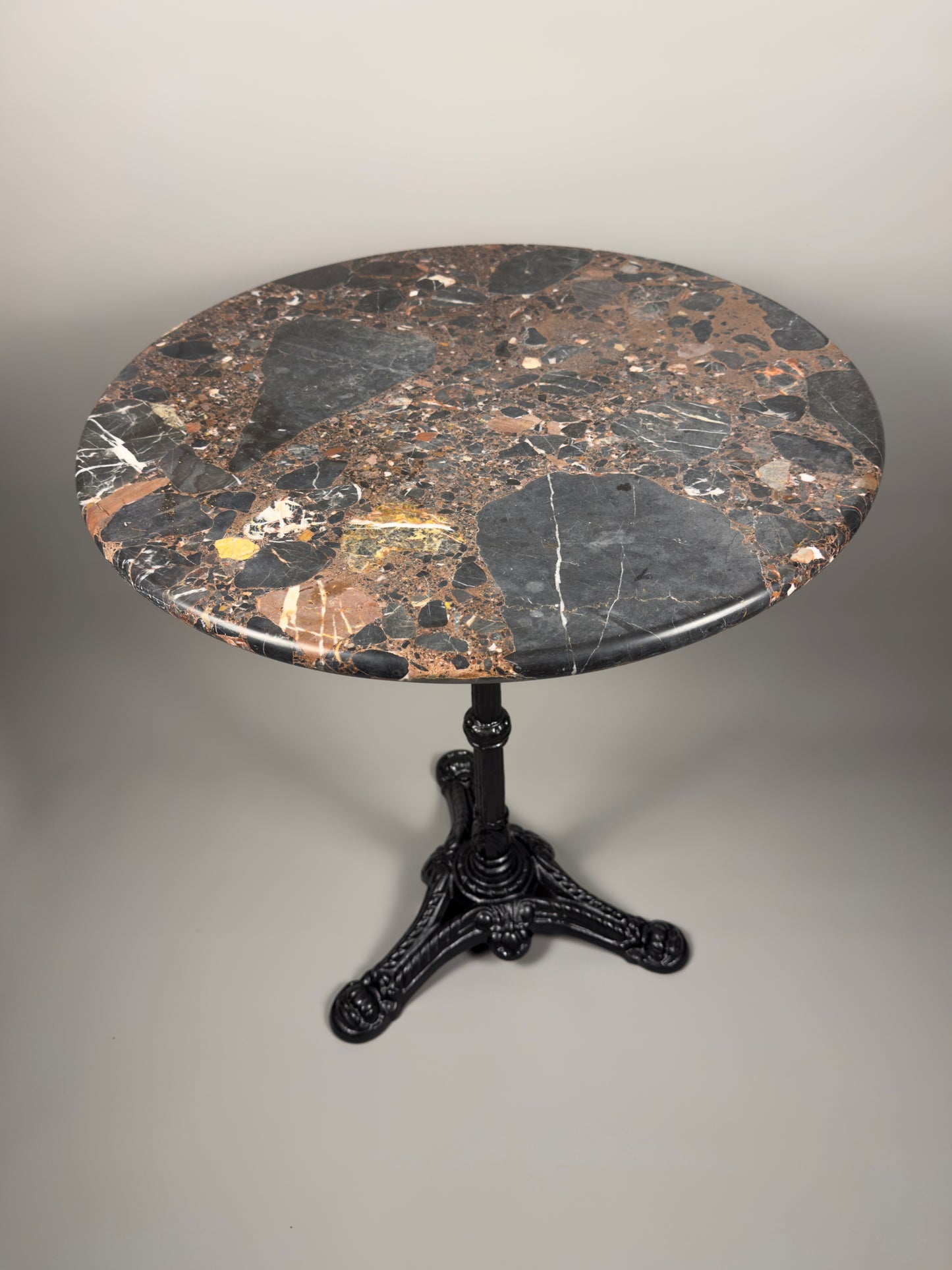 Vintage French bistro table with round marble top & cast iron base