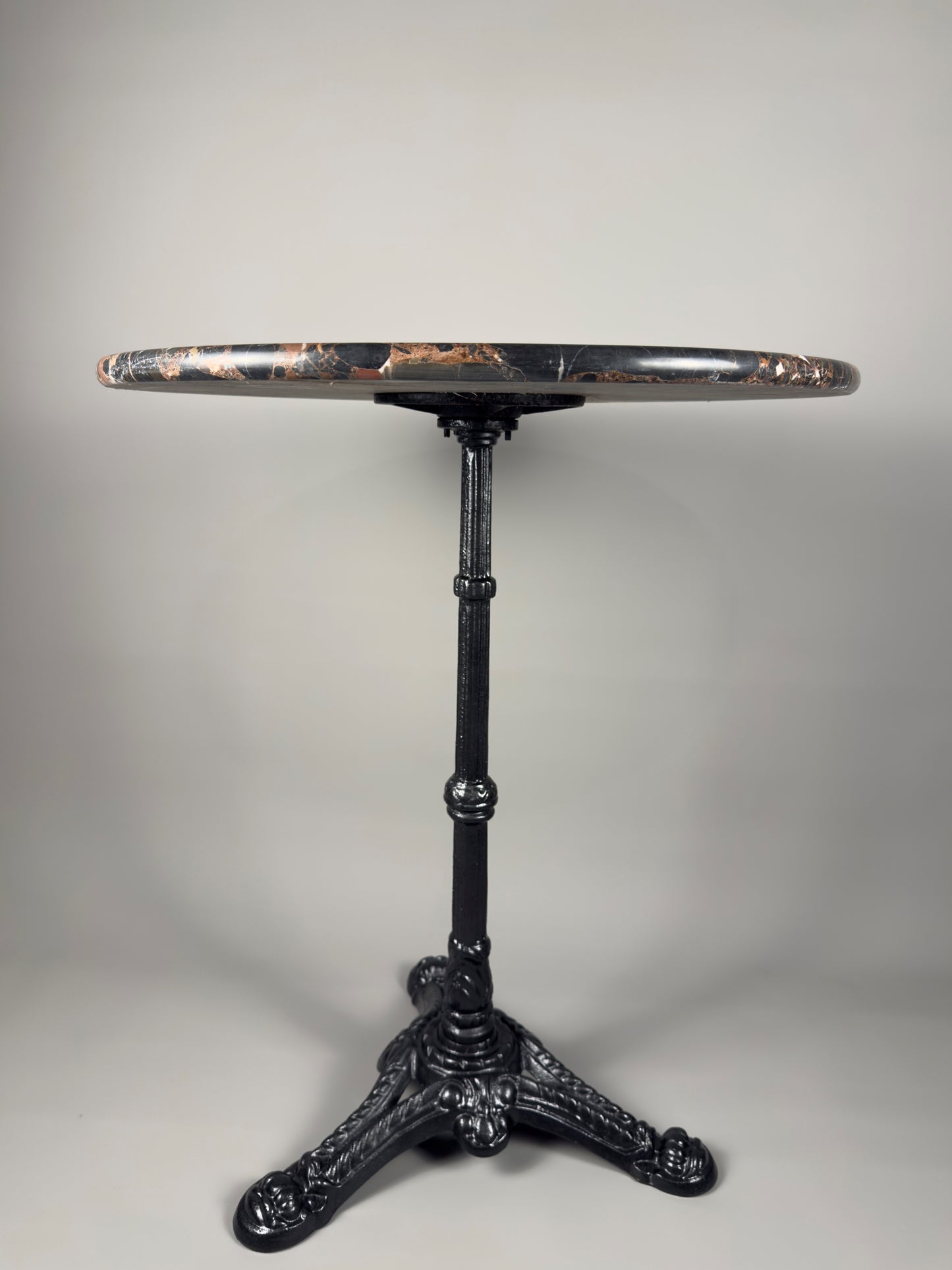 Vintage French bistro table with round marble top & cast iron base