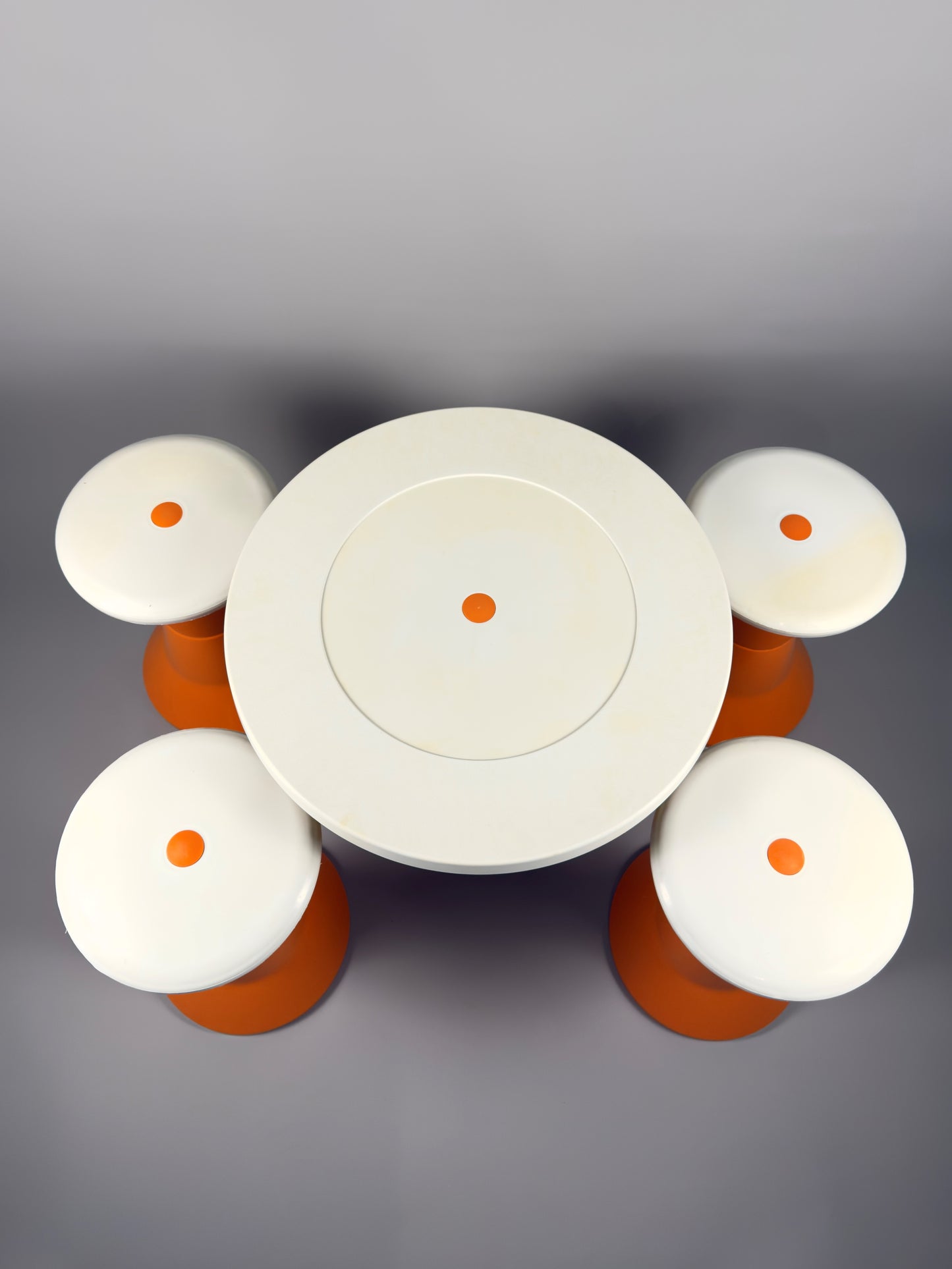 Space Age Stools and Table Set – Orange & White Plastic, Vintage Italian Style