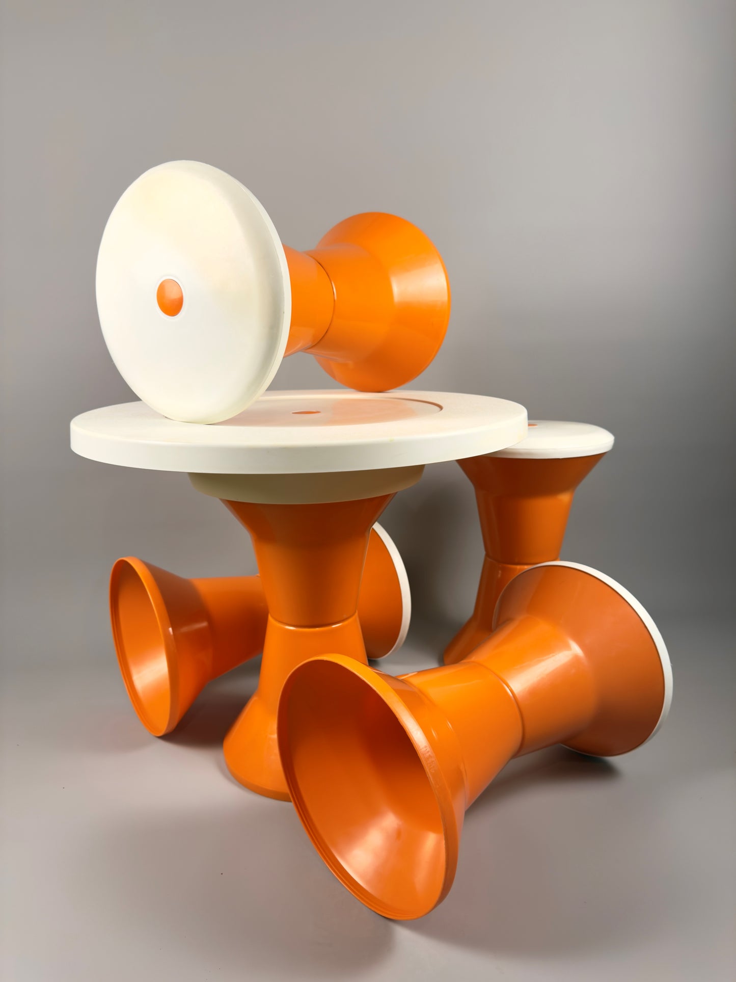 Space Age Stools and Table Set – Orange & White Plastic, Vintage Italian Style