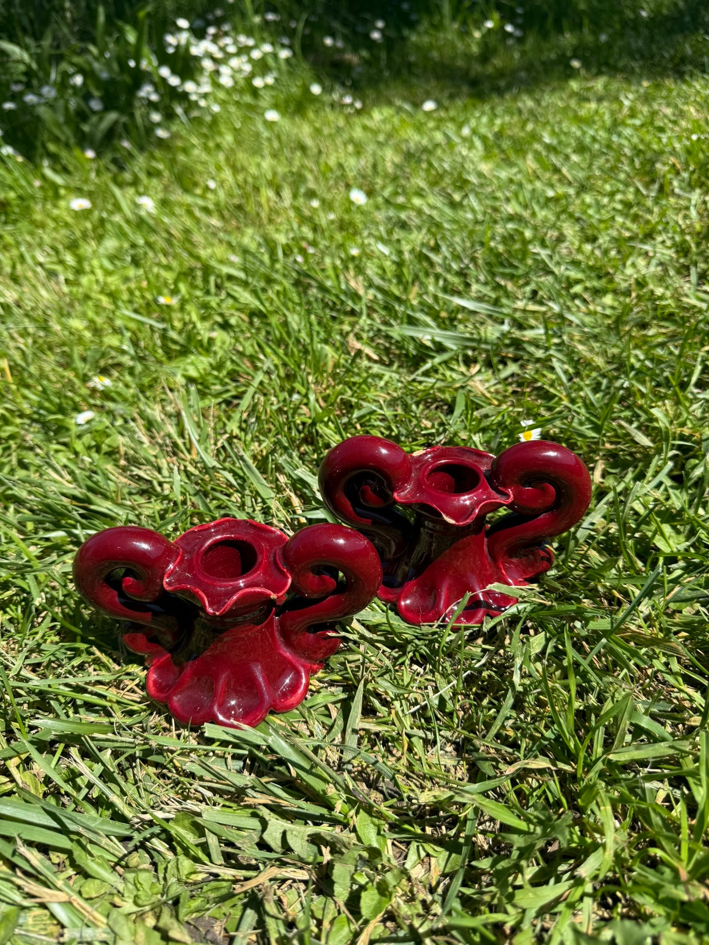Baroque-style ceramic candle holders – glossy red glaze, vintage