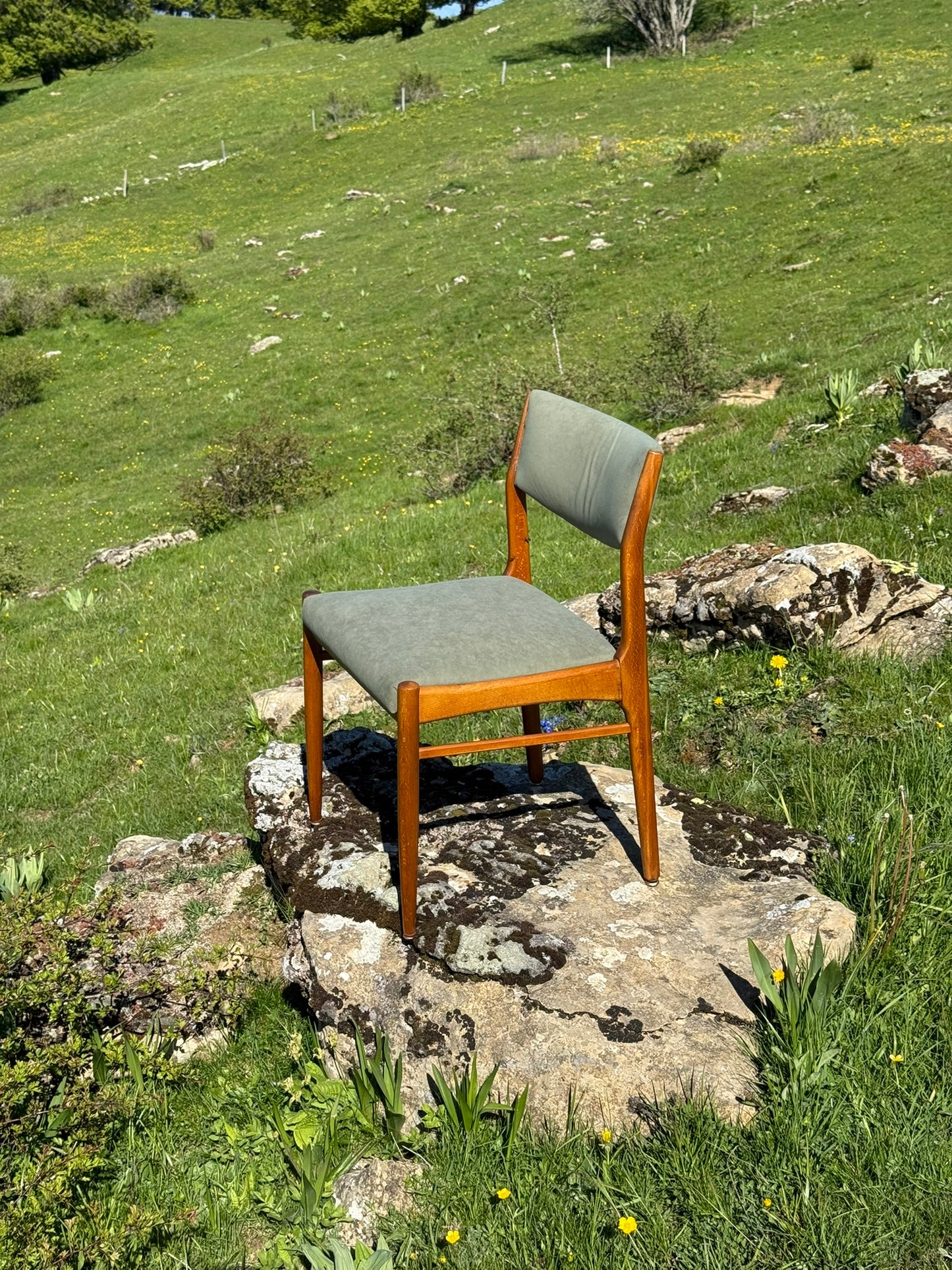 Set of four vintage Scandinavian dining chairs – beech wood & green upholstery