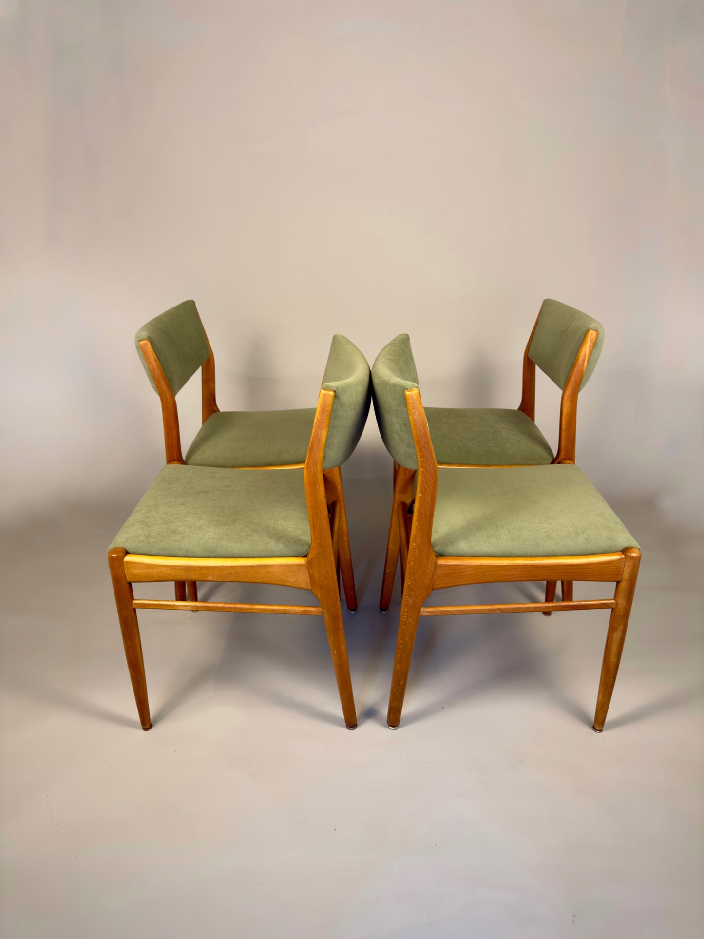 Set of four vintage Scandinavian dining chairs – beech wood & green upholstery