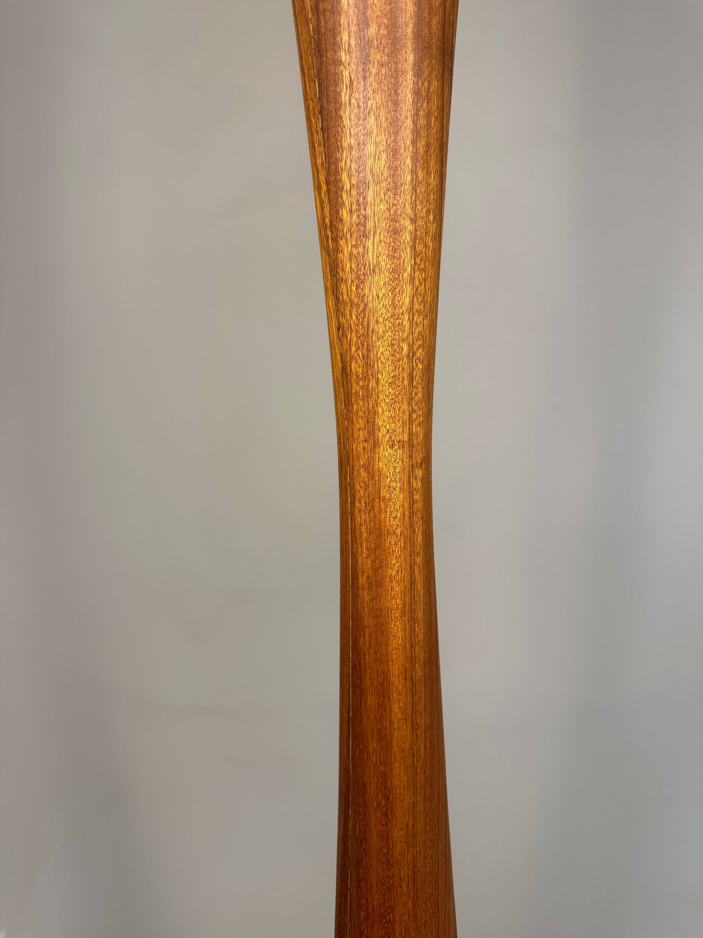 Sculptural floor lamp – exotic wood & textured shade, vintage modern style
