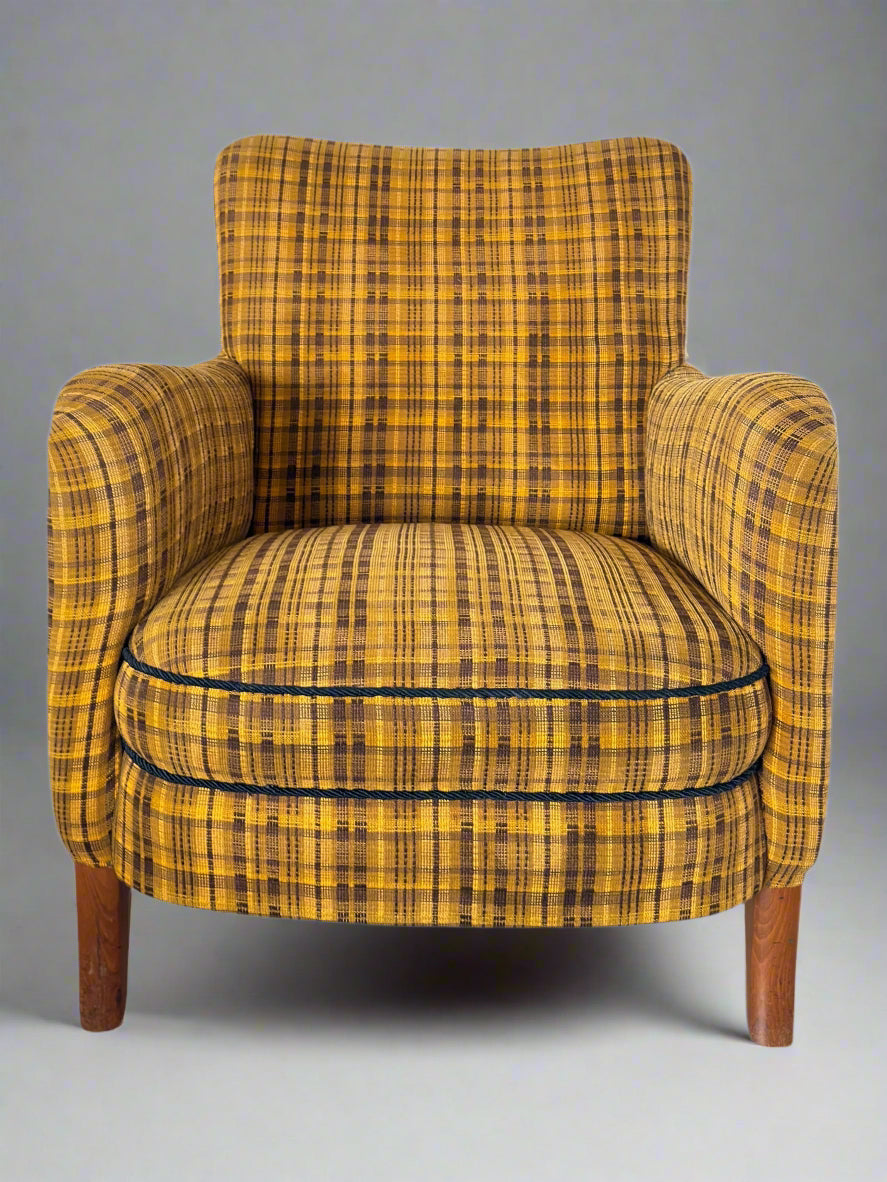 Set of 4 Armchairs with Ottoman by Möbelindustries Oelsa – Rabeneau PS 28, Beech & Tartan Fabric, 1950s
