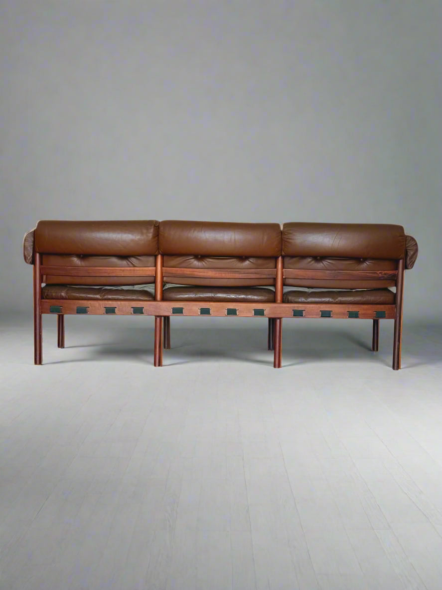 Three-Seater Sofa by Sven Ellekaer for Coja – Rosewood & Brown Leather, Scandinavian Modern