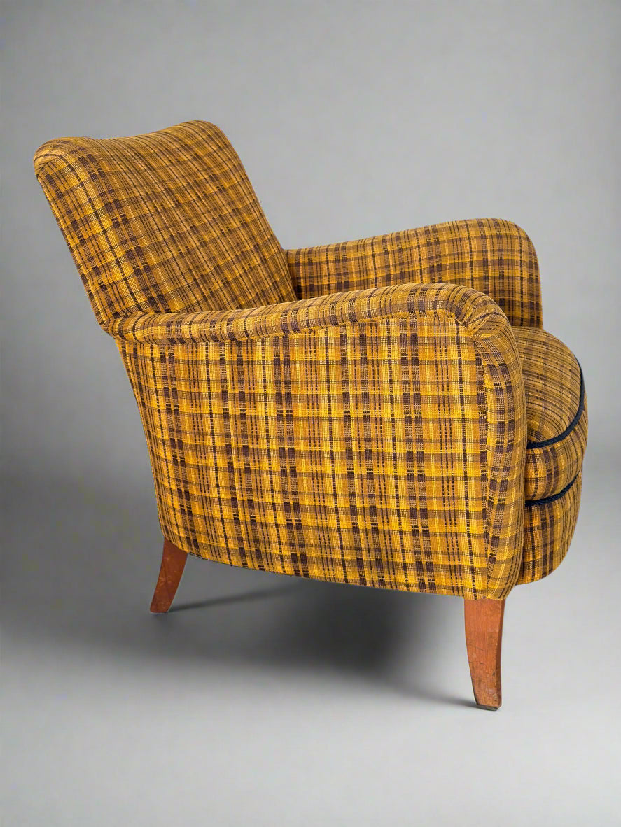 Set of 4 Armchairs with Ottoman by Möbelindustries Oelsa – Rabeneau PS 28, Beech & Tartan Fabric, 1950s