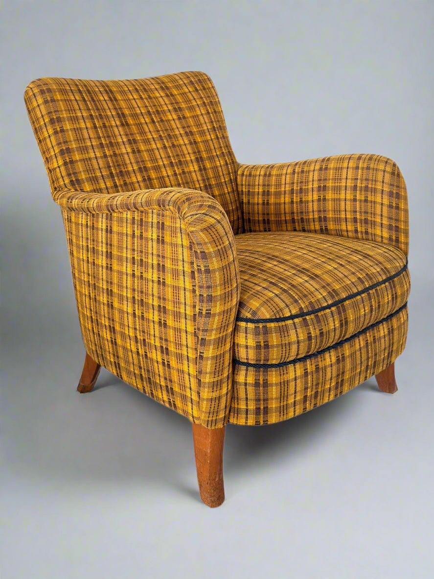 Set of 4 Armchairs with Ottoman by Möbelindustries Oelsa – Rabeneau PS 28, Beech & Tartan Fabric, 1950s