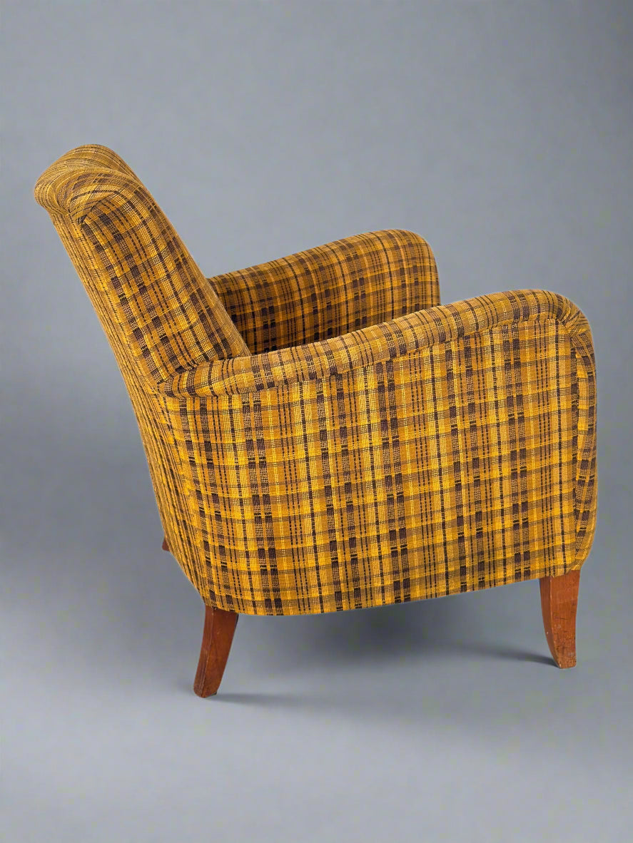 Set of 4 Armchairs with Ottoman by Möbelindustries Oelsa – Rabeneau PS 28, Beech & Tartan Fabric, 1950s