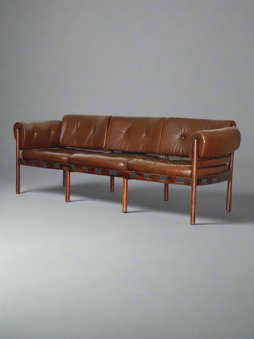 Three-Seater Sofa by Sven Ellekaer for Coja – Rosewood & Brown Leather, Scandinavian Modern