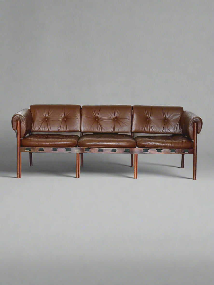 Three-Seater Sofa by Sven Ellekaer for Coja – Rosewood & Brown Leather, Scandinavian Modern