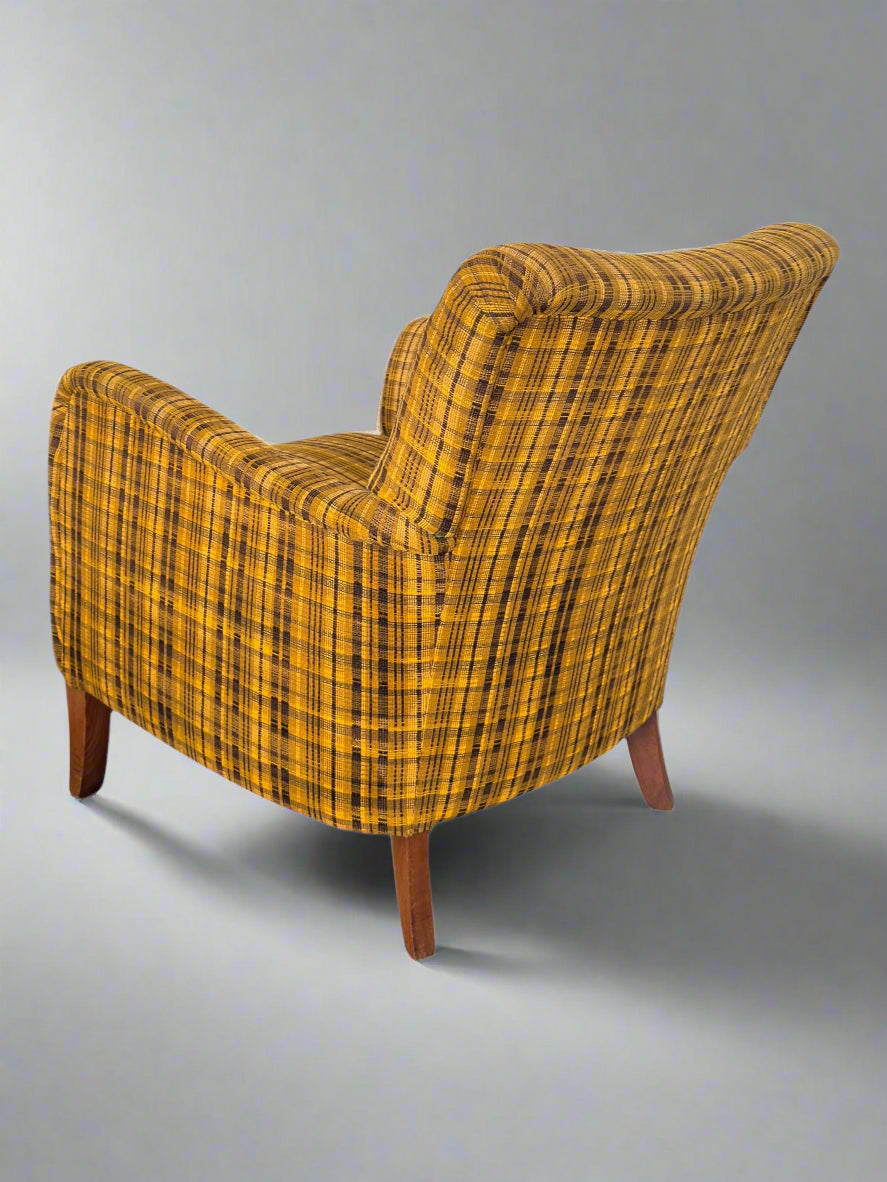 Set of 4 Armchairs with Ottoman by Möbelindustries Oelsa – Rabeneau PS 28, Beech & Tartan Fabric, 1950s