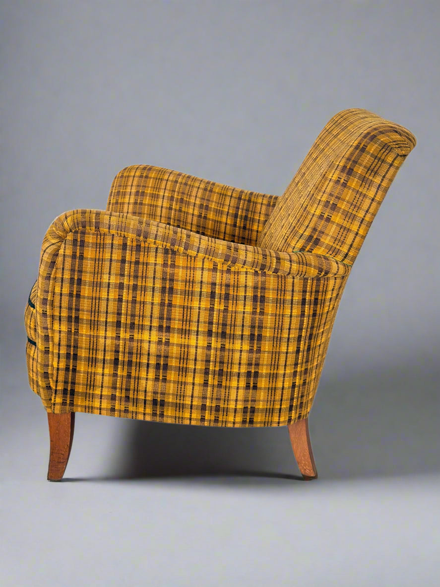 Set of 4 Armchairs with Ottoman by Möbelindustries Oelsa – Rabeneau PS 28, Beech & Tartan Fabric, 1950s