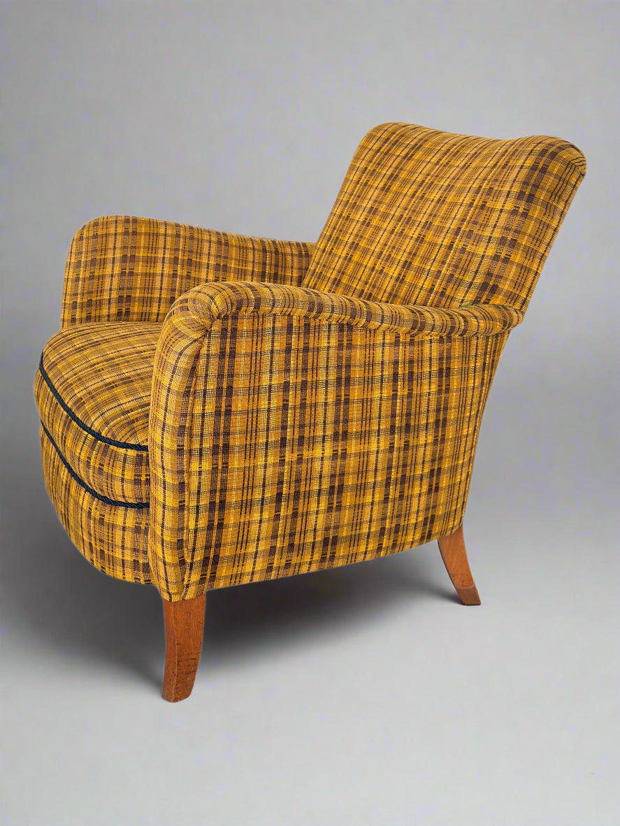 Set of 4 Armchairs with Ottoman by Möbelindustries Oelsa – Rabeneau PS 28, Beech & Tartan Fabric, 1950s