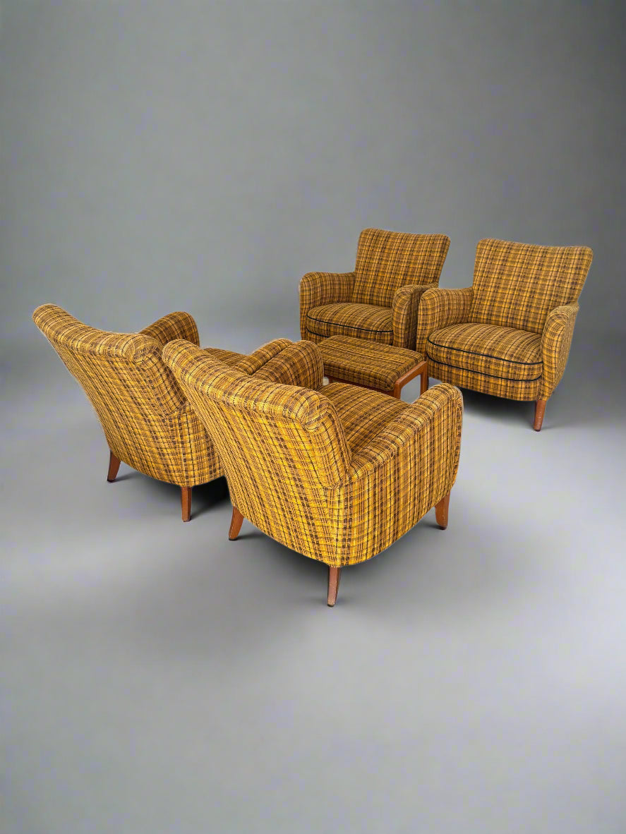 Set of 4 Armchairs with Ottoman by Möbelindustries Oelsa – Rabeneau PS 28, Beech & Tartan Fabric, 1950s