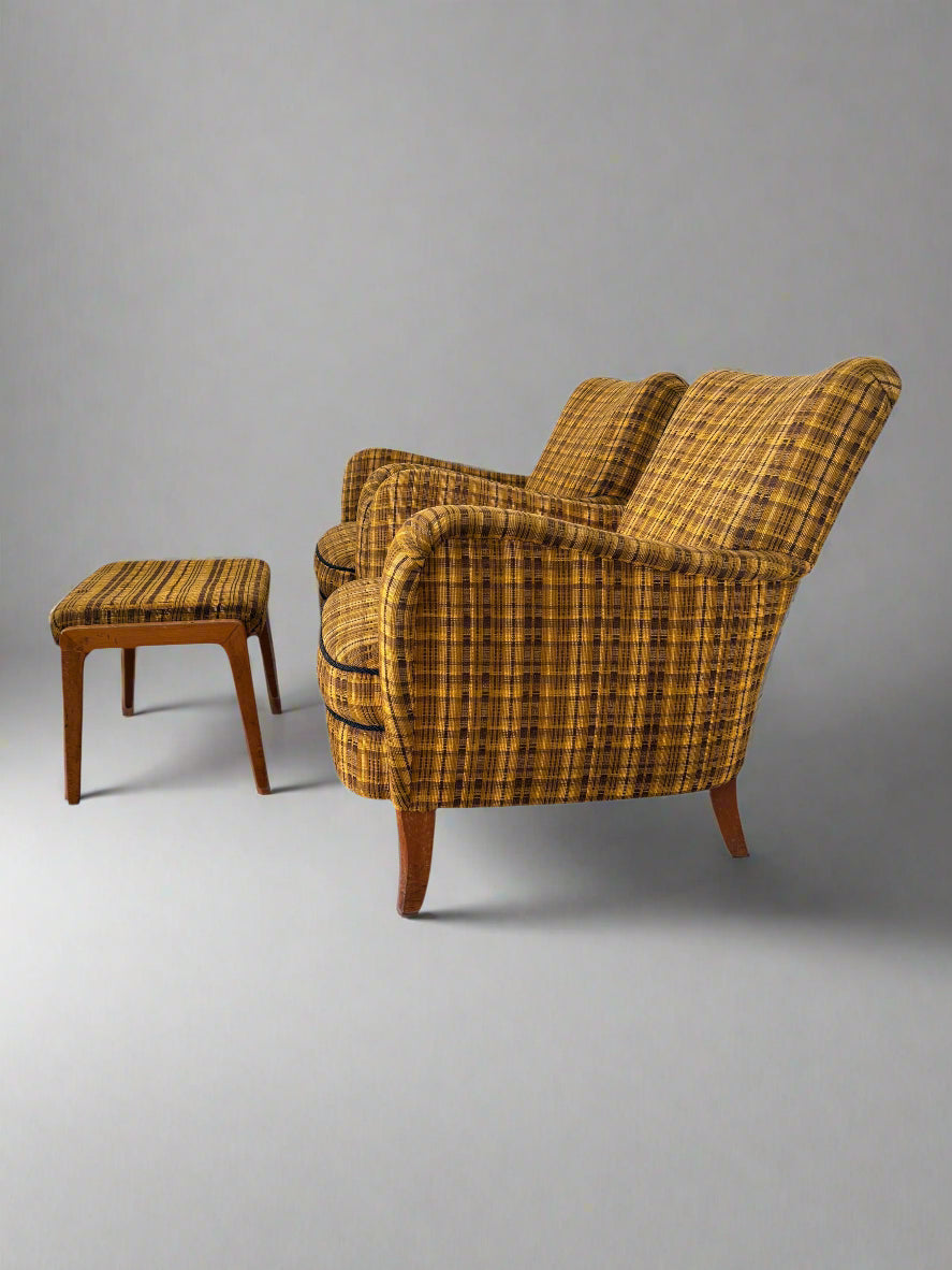 Set of 4 Armchairs with Ottoman by Möbelindustries Oelsa – Rabeneau PS 28, Beech & Tartan Fabric, 1950s