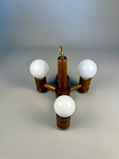 Vintage Wooden Three-Light Chandelier