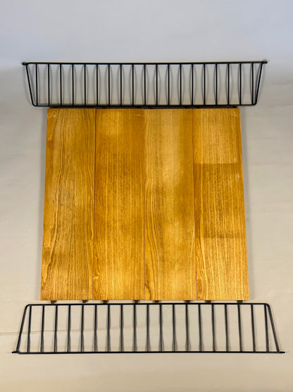 Floating wall shelf in oak veneer and black metal, 1960s