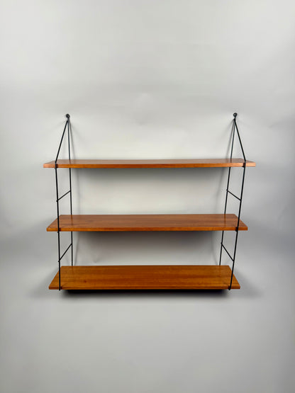 Vintage wall shelf with three teak veneer shelves