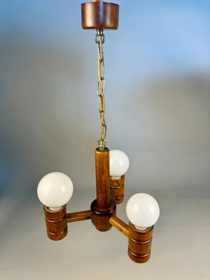 Vintage Wooden Three-Light Chandelier
