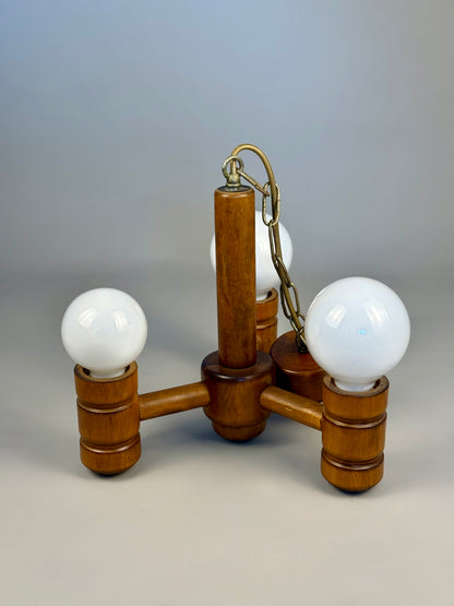Vintage Wooden Three-Light Chandelier