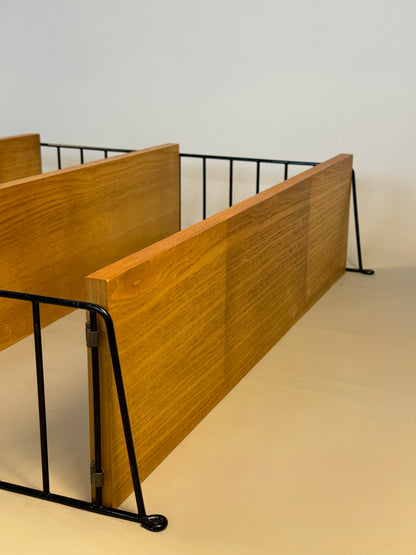 Floating wall shelf in oak veneer and black metal, 1960s