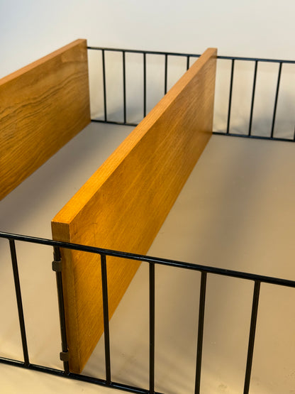Floating wall shelf in oak veneer and black metal, 1960s