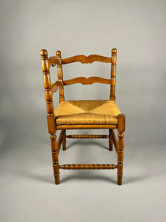 Vintage Corner Chair in Wood and Woven Straw Seat