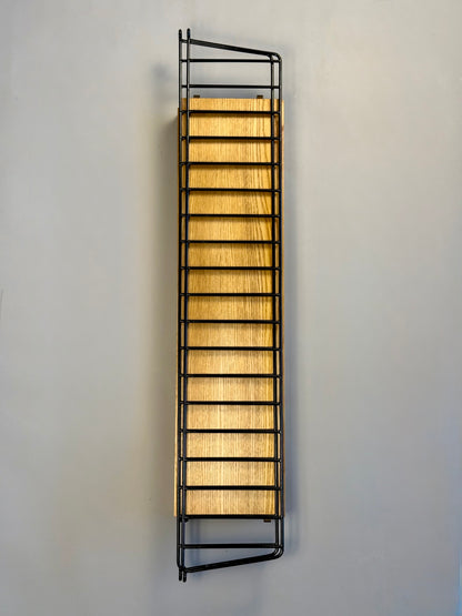 Floating wall shelf in oak veneer and black metal, 1960s