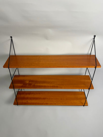 Vintage wall shelf with three teak veneer shelves