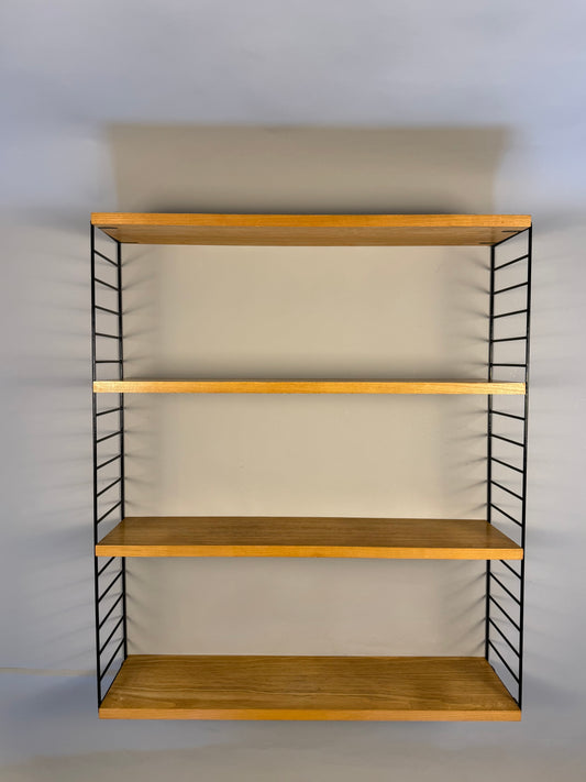 Floating wall shelf in oak veneer and black metal, 1960s