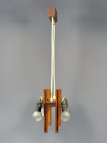 Scandinavian Chandelier in Solid Teak with Plexiglass Resin Shades – 1960s
