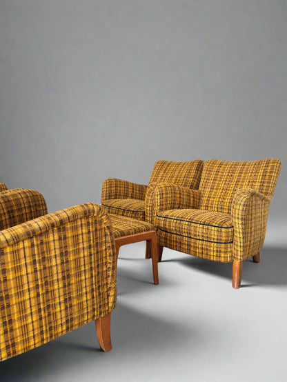 Set of 4 Armchairs with Ottoman by Möbelindustries Oelsa – Rabeneau PS 28, Beech & Tartan Fabric, 1950s