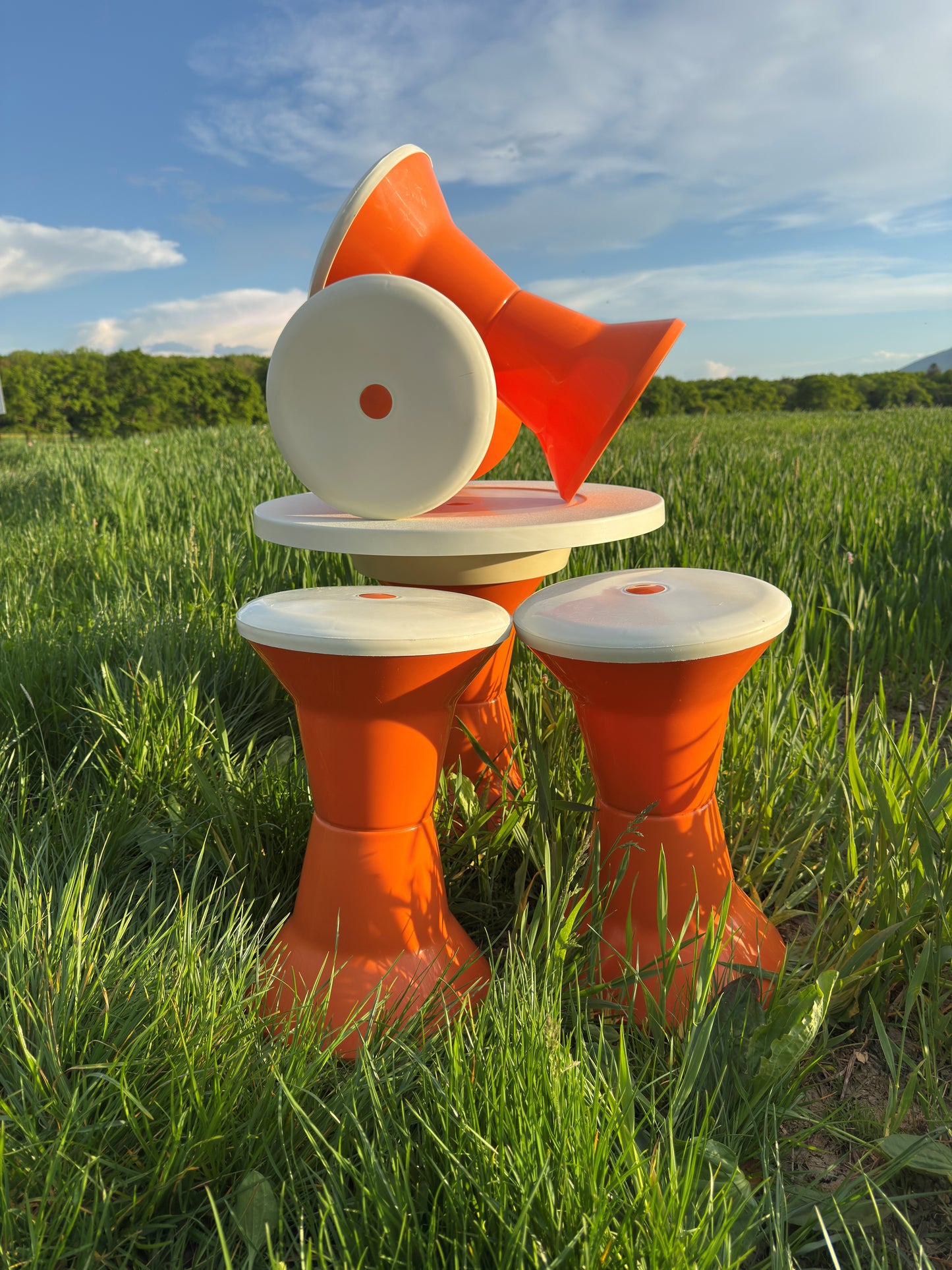 Space Age Stools and Table Set – Orange & White Plastic, Vintage Italian Style