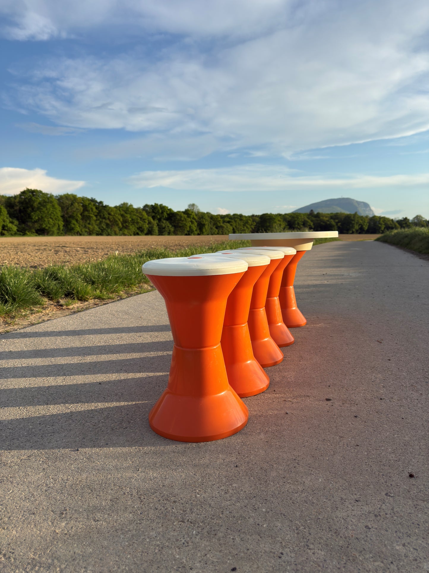 Space Age Stools and Table Set – Orange & White Plastic, Vintage Italian Style