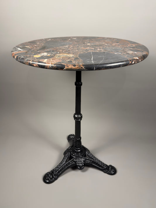 Vintage French bistro table with round marble top & cast iron base
