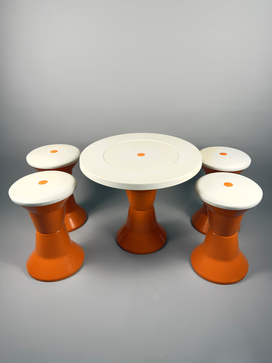 Space Age Stools and Table Set – Orange & White Plastic, Vintage Italian Style