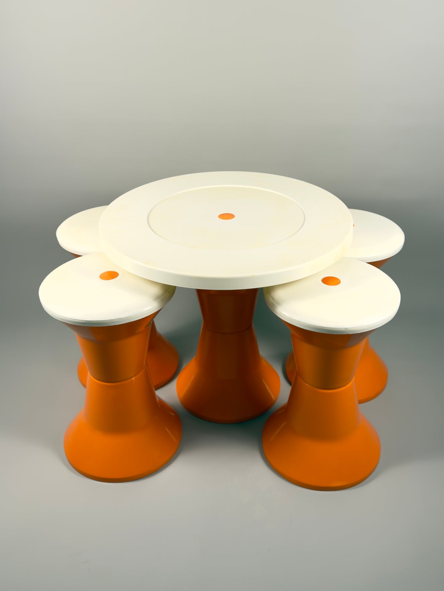 Space Age Stools and Table Set – Orange & White Plastic, Vintage Italian Style