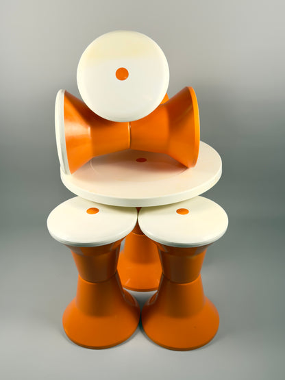 Space Age Stools and Table Set – Orange & White Plastic, Vintage Italian Style