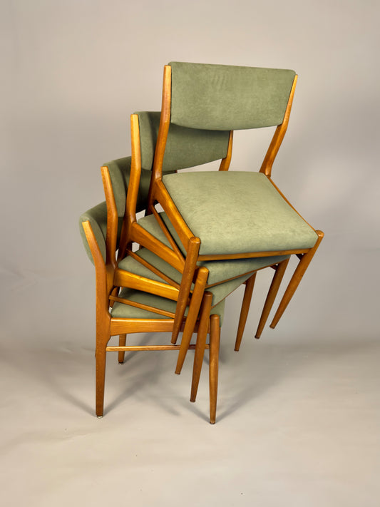 Set of four vintage Scandinavian dining chairs – beech wood & green upholstery