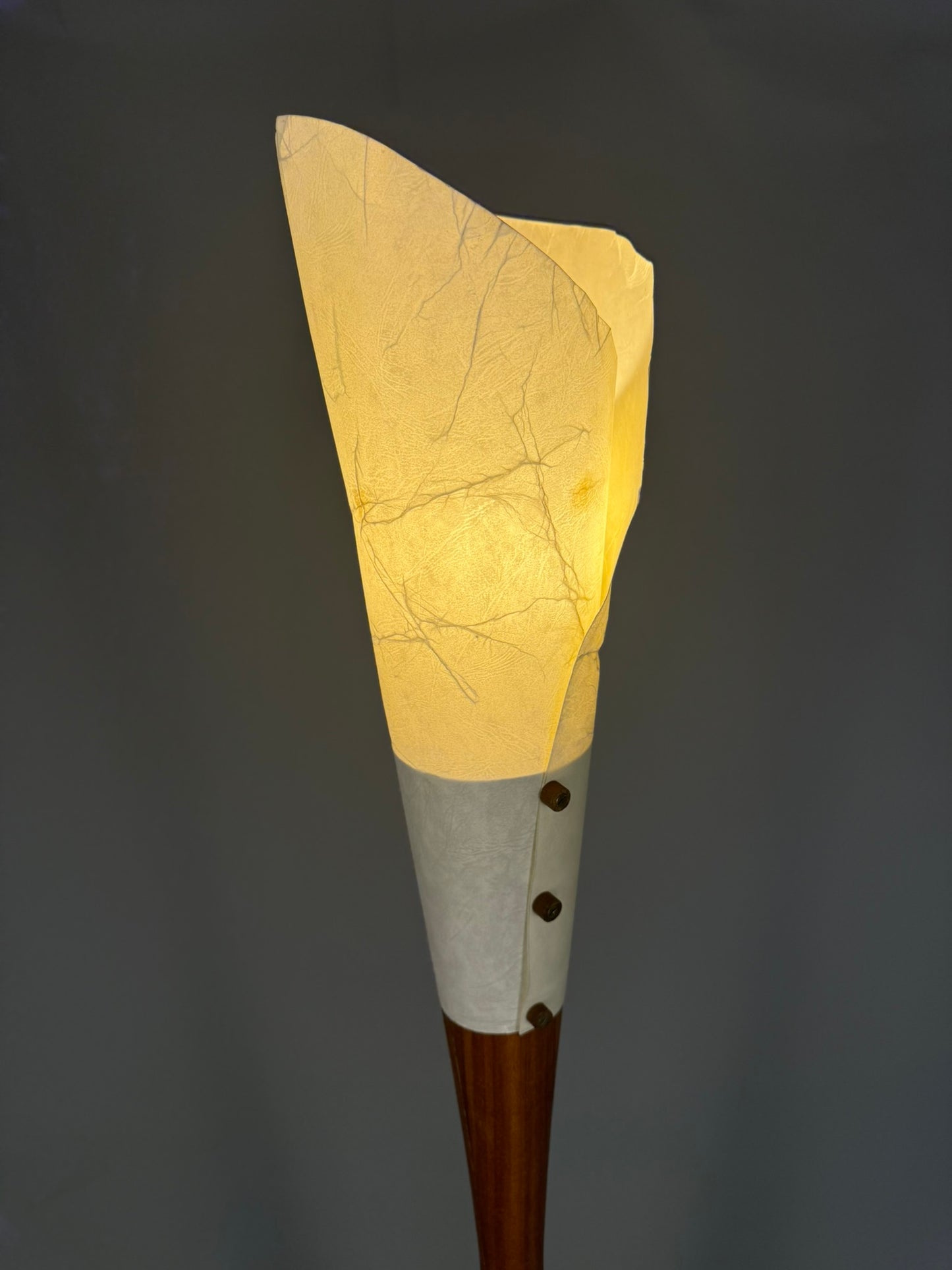 Sculptural floor lamp – exotic wood & textured shade, vintage modern style
