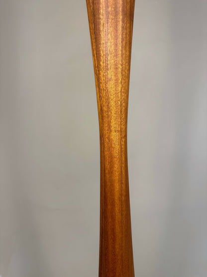 Sculptural floor lamp – exotic wood & textured shade, vintage modern style