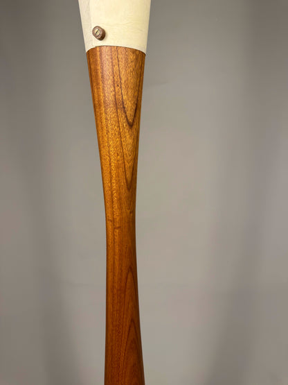 Sculptural floor lamp – exotic wood & textured shade, vintage modern style