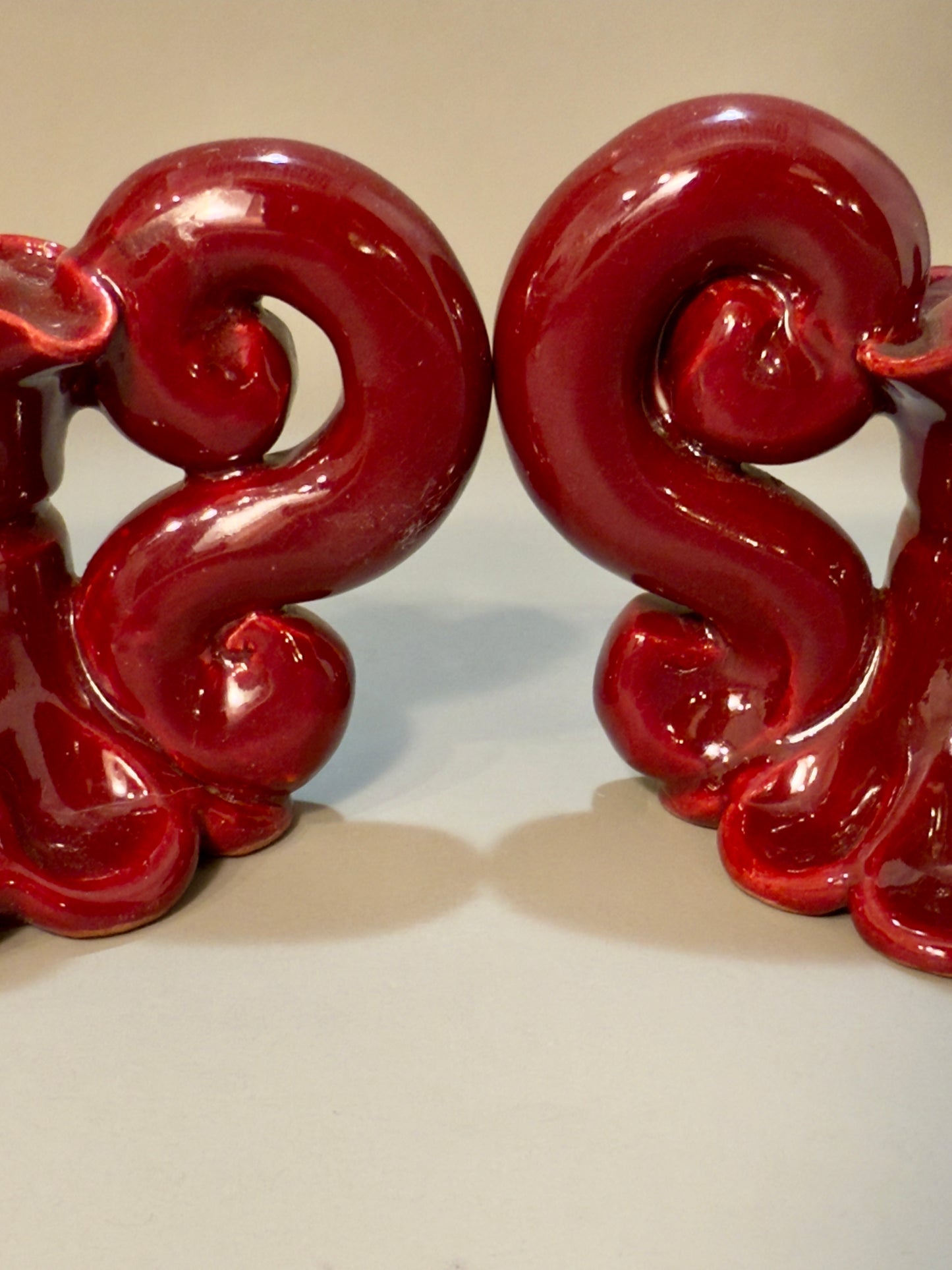 Baroque-style ceramic candle holders – glossy red glaze, vintage