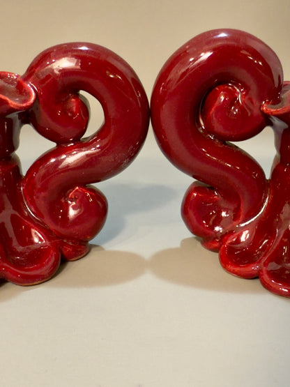 Baroque-style ceramic candle holders – glossy red glaze, vintage