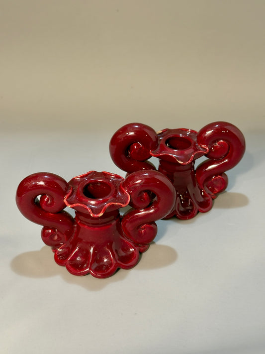Baroque-style ceramic candle holders – glossy red glaze, vintage