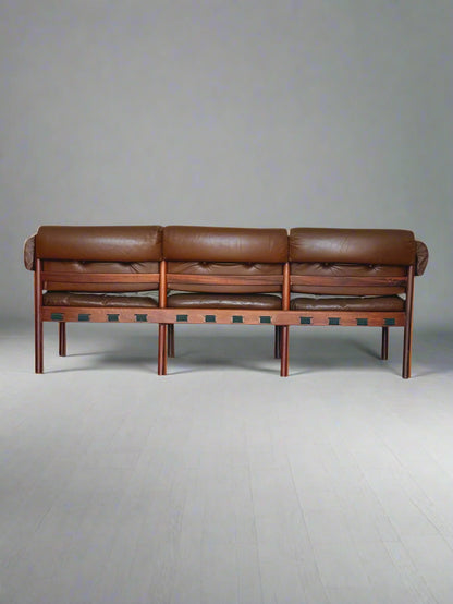 Three-Seater Sofa by Sven Ellekaer for Coja – Rosewood & Brown Leather, Scandinavian Modern